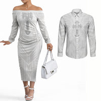 Samoa Christian Couples Matching Off The Shoulder Long Sleeve Dress and Long Sleeve Button Shirt Rooted In Christ Polynesian Cross