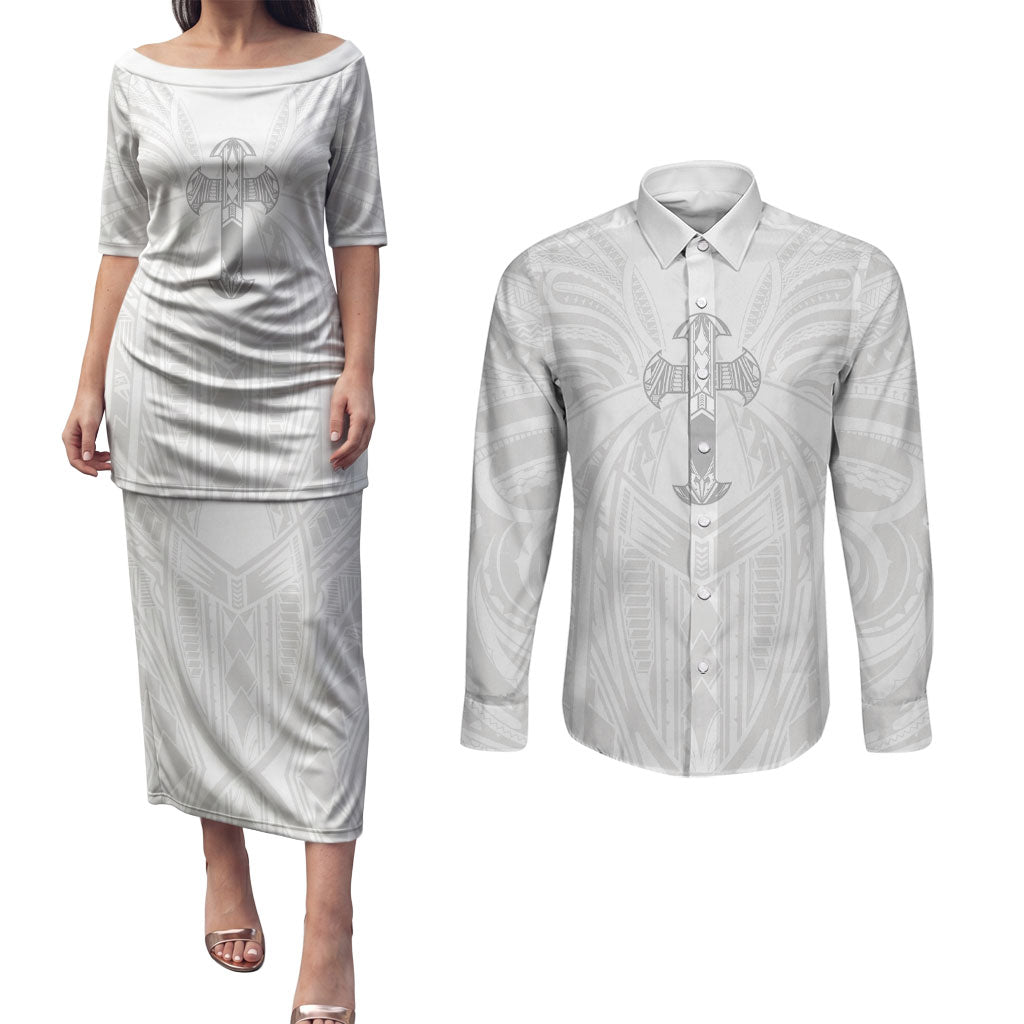 Samoa Christian Couples Matching Puletasi and Long Sleeve Button Shirt Rooted In Christ Polynesian Cross