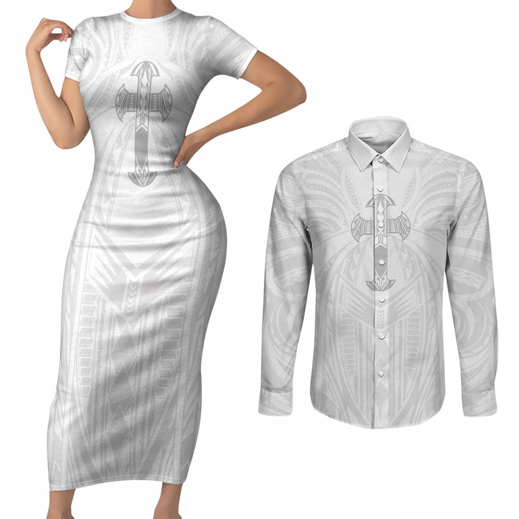 Samoa Christian Couples Matching Short Sleeve Bodycon Dress and Long Sleeve Button Shirt Rooted In Christ Polynesian Cross