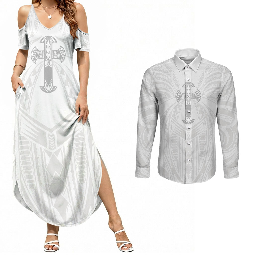 Samoa Christian Couples Matching Summer Maxi Dress and Long Sleeve Button Shirt Rooted In Christ Polynesian Cross