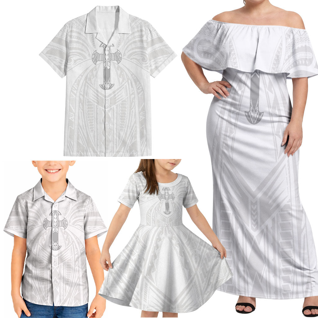 Samoa Christian Family Matching Off Shoulder Maxi Dress and Hawaiian Shirt Rooted In Christ Polynesian Cross