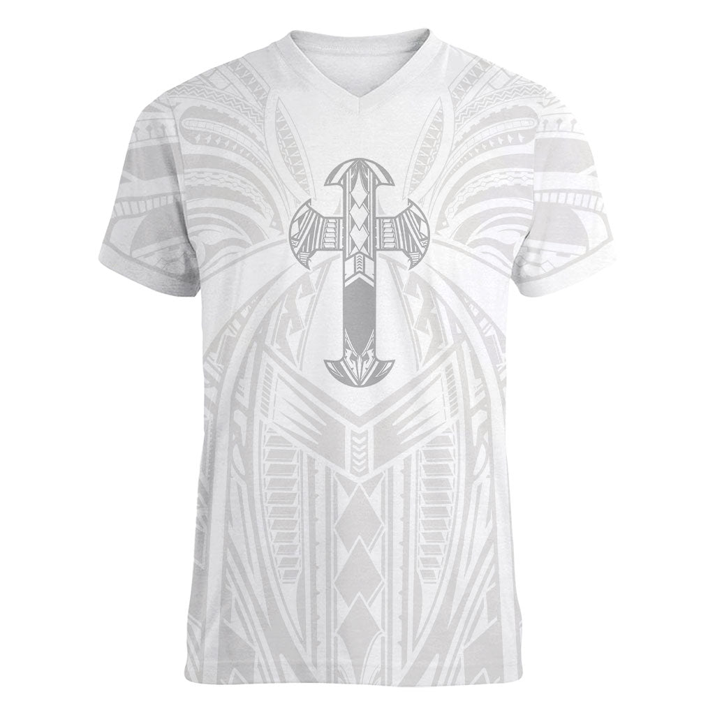 Samoa Christian Women V-Neck T-Shirt Rooted In Christ Polynesian Cross