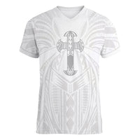 Samoa Christian Women V-Neck T-Shirt Rooted In Christ Polynesian Cross