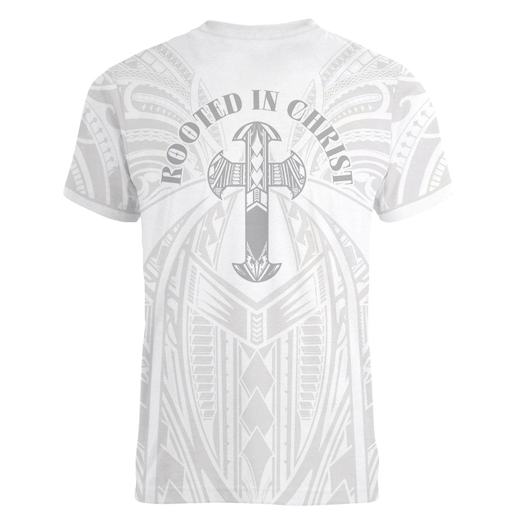 Samoa Christian Women V-Neck T-Shirt Rooted In Christ Polynesian Cross