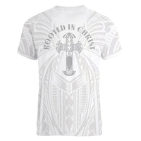 Samoa Christian Women V-Neck T-Shirt Rooted In Christ Polynesian Cross