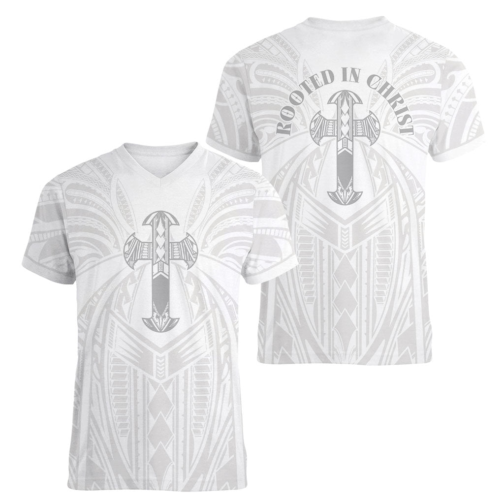 Samoa Christian Women V-Neck T-Shirt Rooted In Christ Polynesian Cross