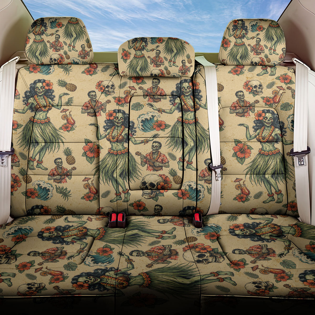 Hawaii Halloween Back Car Seat Cover Spooky Tropical Hula Zombie