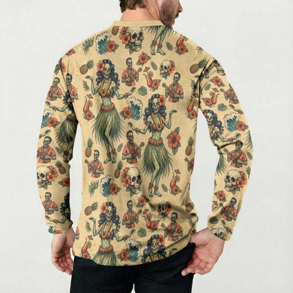 Hawaii Halloween Button Sweatshirt Spooky Tropical Hula Zombie