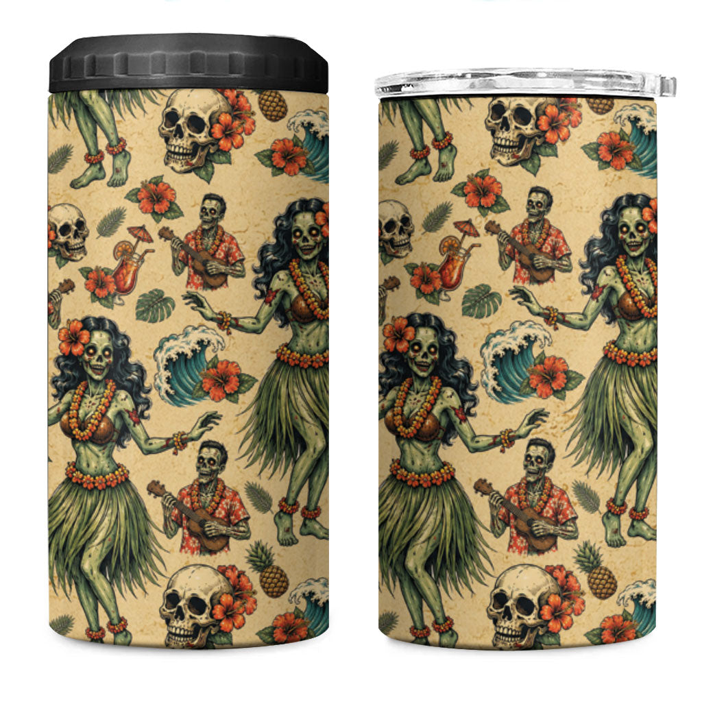 Hawaii Halloween 4 in 1 Can Cooler Tumbler Spooky Tropical Hula Zombie