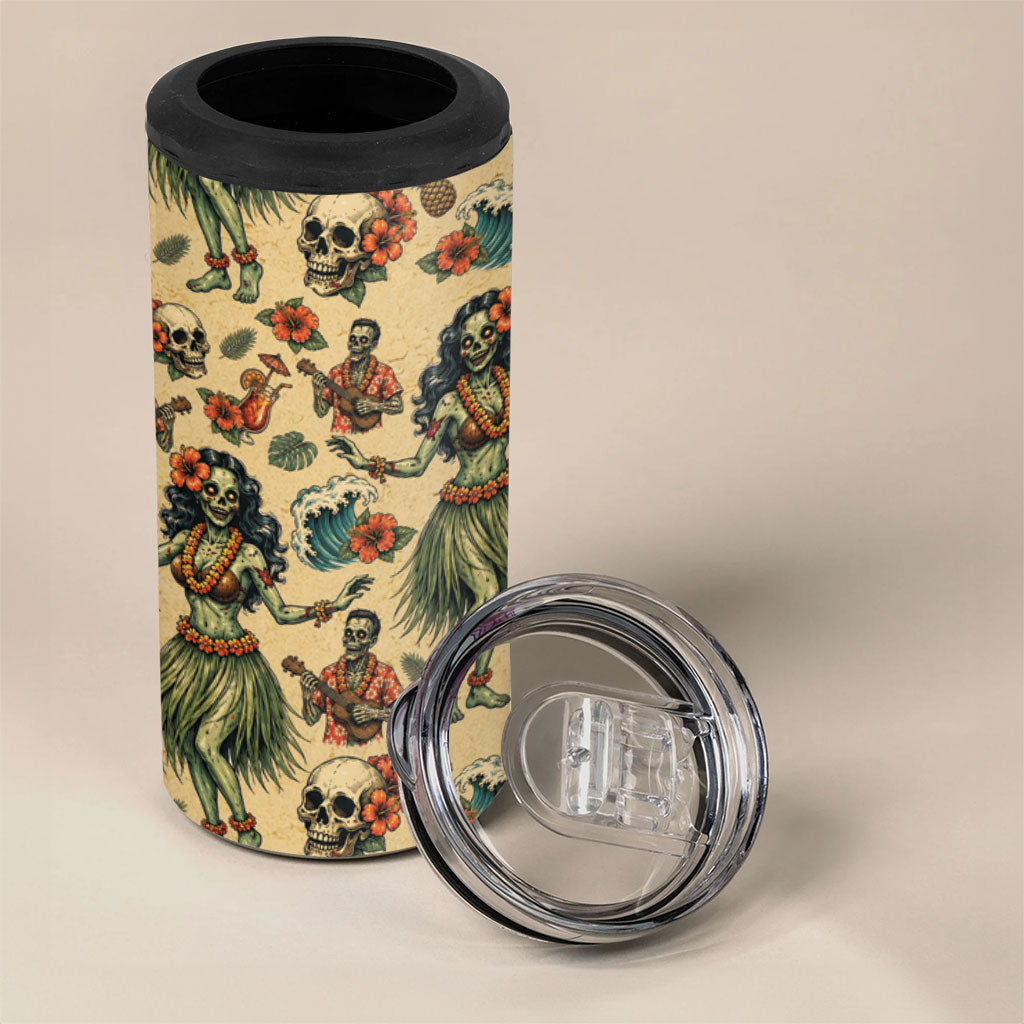 Hawaii Halloween 4 in 1 Can Cooler Tumbler Spooky Tropical Hula Zombie