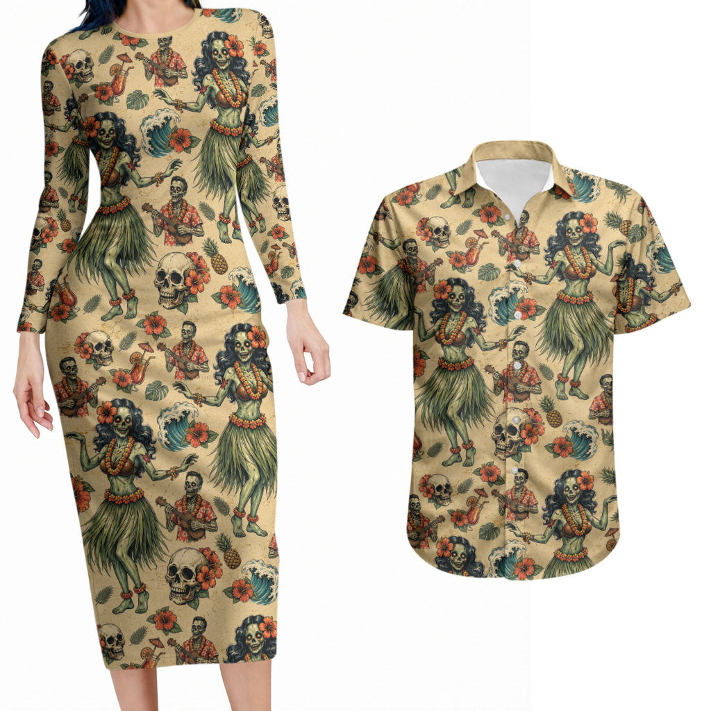 Hawaii Halloween Couples Matching Long Sleeve Bodycon Dress and Hawaiian Shirt Spooky Tropical Hula Zombie