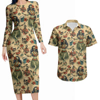 Hawaii Halloween Couples Matching Long Sleeve Bodycon Dress and Hawaiian Shirt Spooky Tropical Hula Zombie