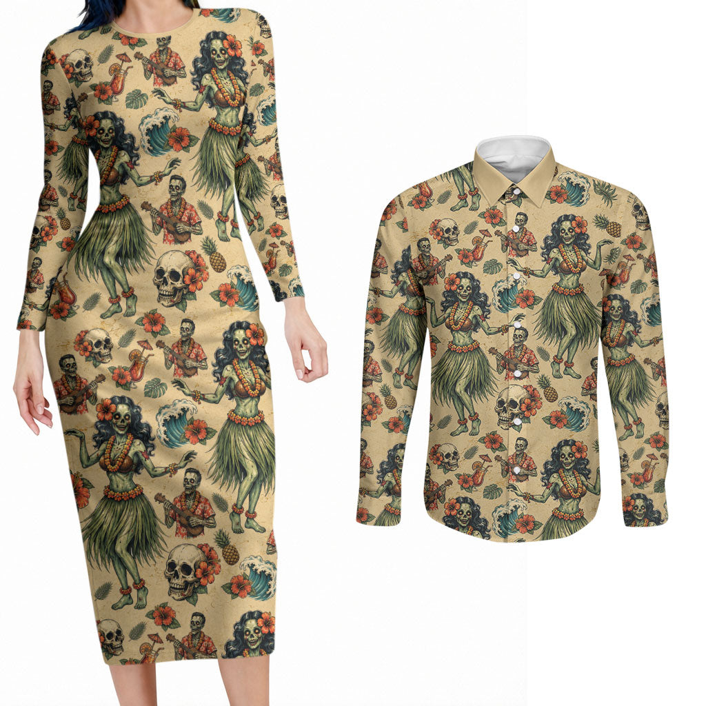 Hawaii Halloween Couples Matching Long Sleeve Bodycon Dress and Long Sleeve Button Shirt Spooky Tropical Hula Zombie
