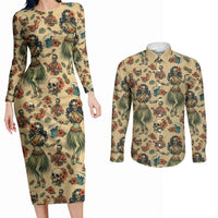 Hawaii Halloween Couples Matching Long Sleeve Bodycon Dress and Long Sleeve Button Shirt Spooky Tropical Hula Zombie