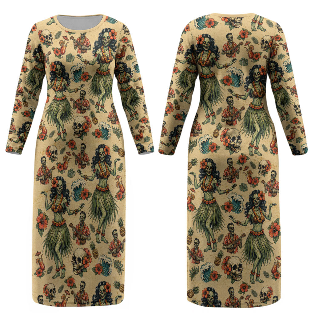 Hawaii Halloween Couples Matching Long Sleeve Bodycon Dress and Long Sleeve Button Shirt Spooky Tropical Hula Zombie