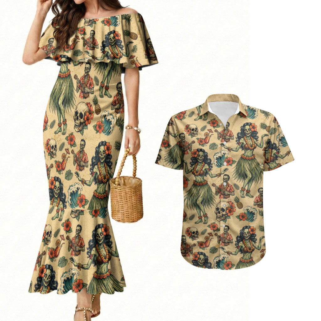 Hawaii Halloween Couples Matching Mermaid Dress and Hawaiian Shirt Spooky Tropical Hula Zombie