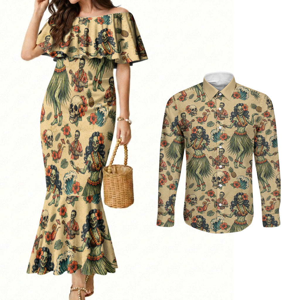 Hawaii Halloween Couples Matching Mermaid Dress and Long Sleeve Button Shirt Spooky Tropical Hula Zombie