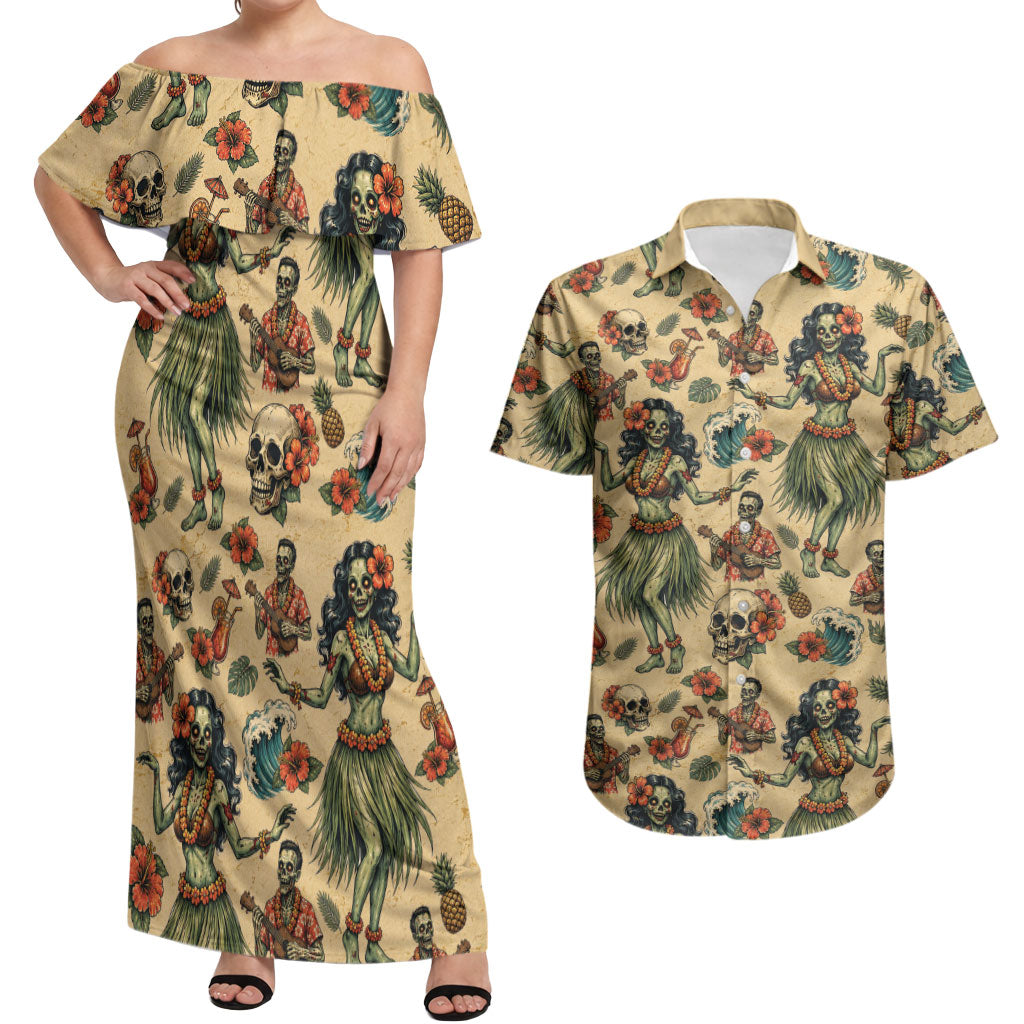 Hawaii Halloween Couples Matching Off Shoulder Maxi Dress and Hawaiian Shirt Spooky Tropical Hula Zombie