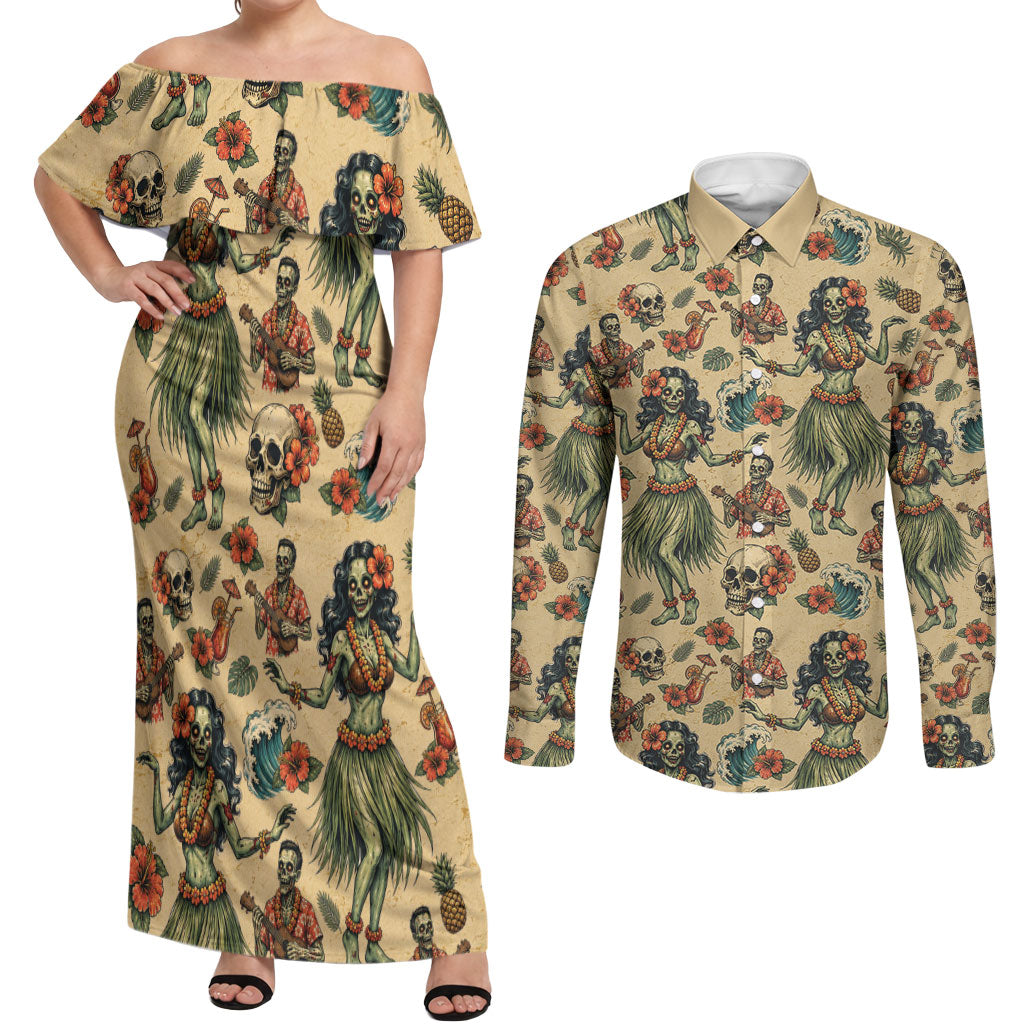 Hawaii Halloween Couples Matching Off Shoulder Maxi Dress and Long Sleeve Button Shirt Spooky Tropical Hula Zombie
