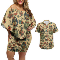 Hawaii Halloween Couples Matching Off Shoulder Short Dress and Hawaiian Shirt Spooky Tropical Hula Zombie