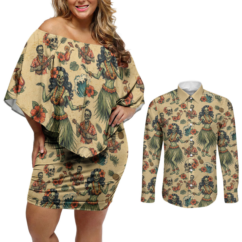 Hawaii Halloween Couples Matching Off Shoulder Short Dress and Long Sleeve Button Shirt Spooky Tropical Hula Zombie