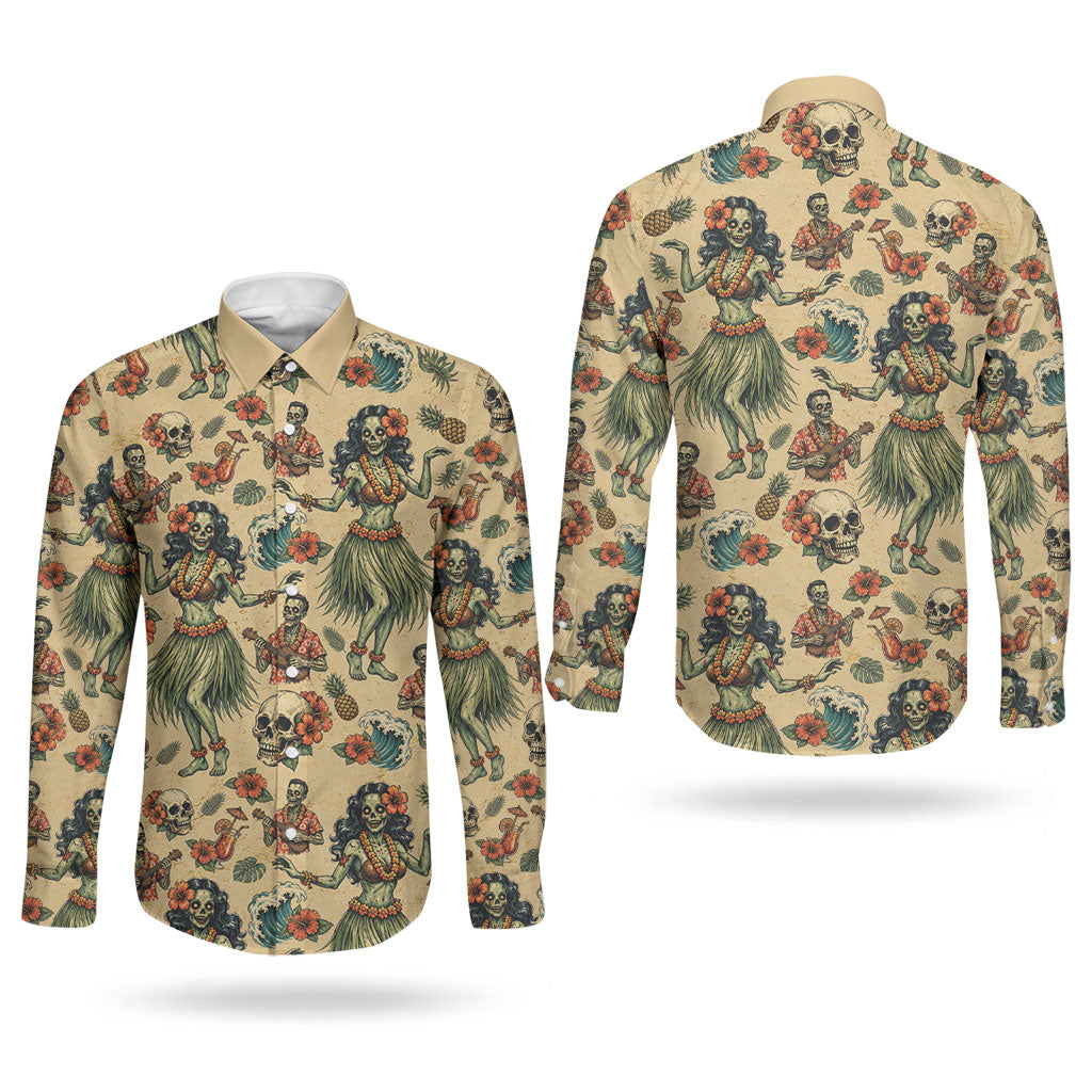 Hawaii Halloween Couples Matching Off Shoulder Short Dress and Long Sleeve Button Shirt Spooky Tropical Hula Zombie