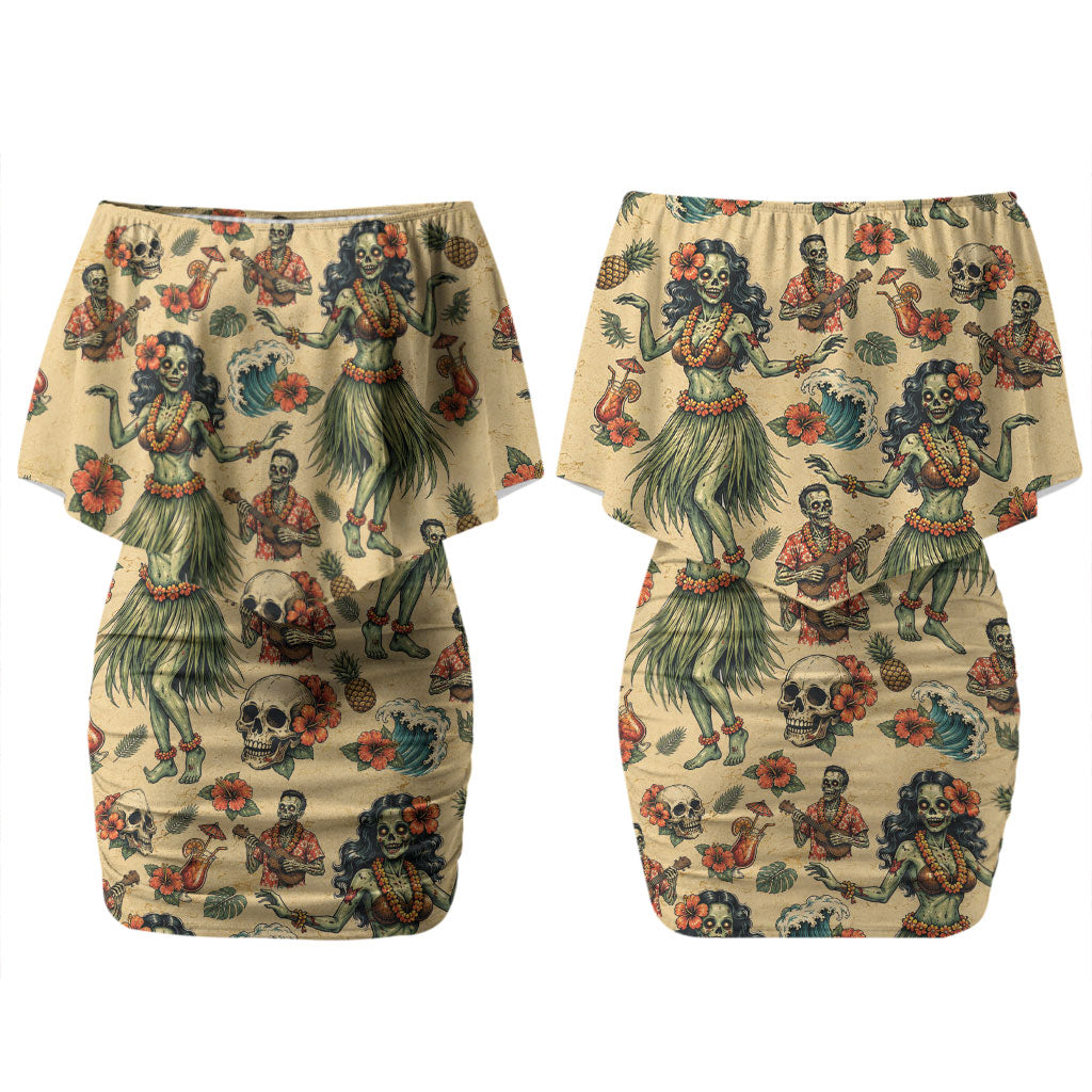 Hawaii Halloween Couples Matching Off Shoulder Short Dress and Long Sleeve Button Shirt Spooky Tropical Hula Zombie