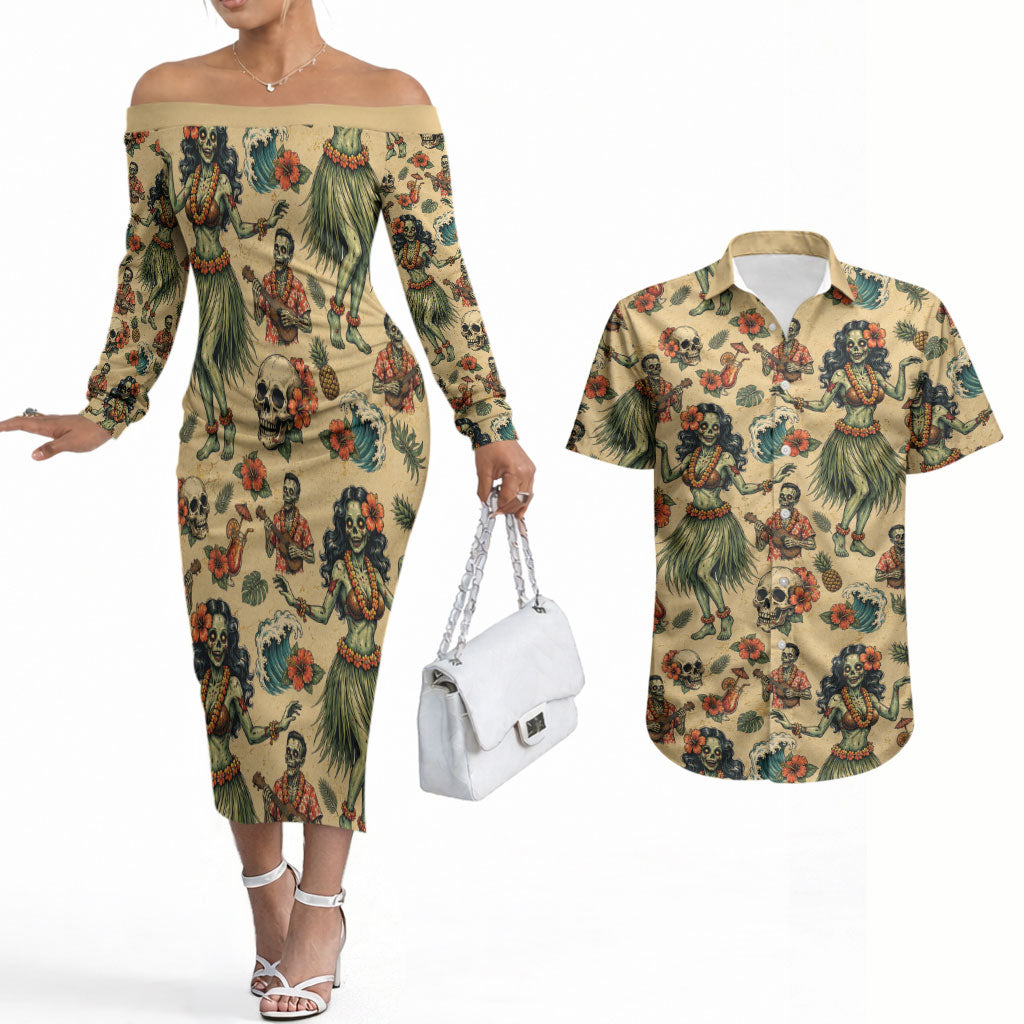 Hawaii Halloween Couples Matching Off The Shoulder Long Sleeve Dress and Hawaiian Shirt Spooky Tropical Hula Zombie