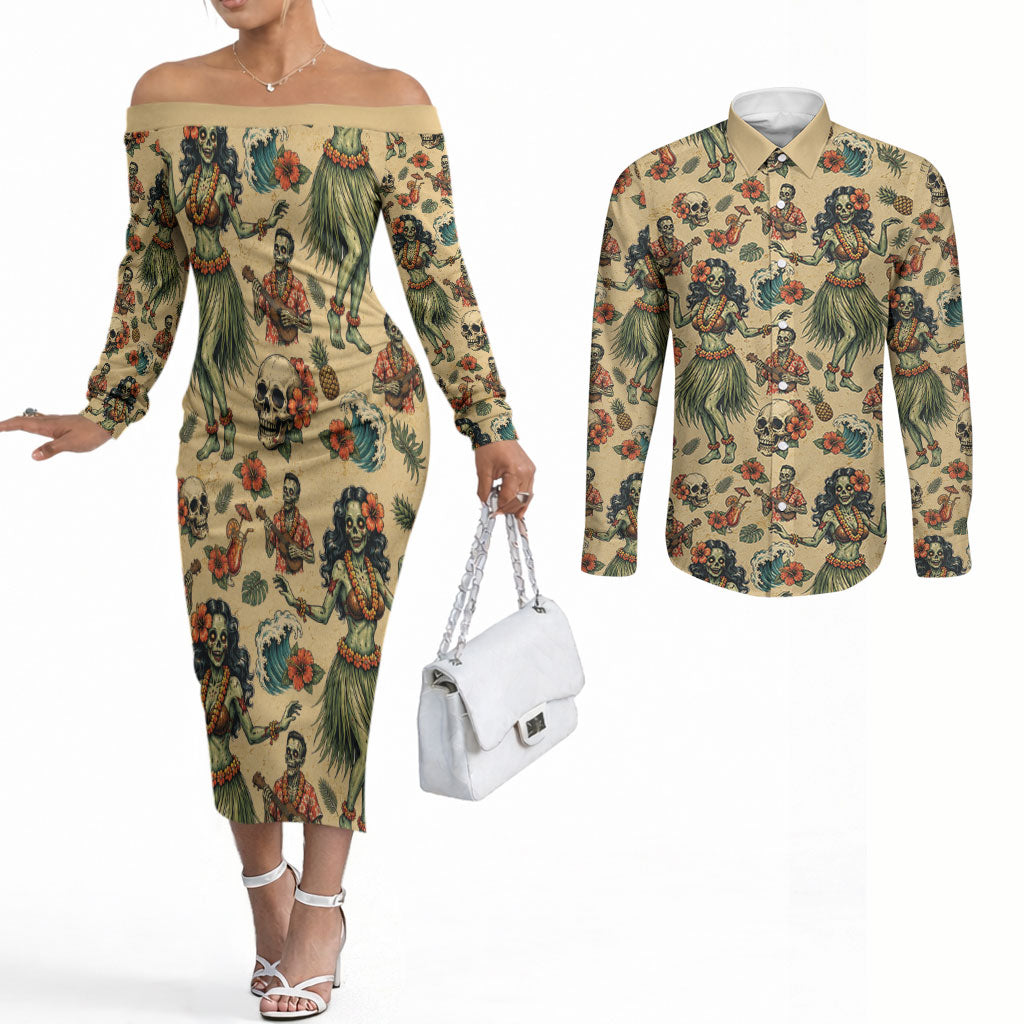 Hawaii Halloween Couples Matching Off The Shoulder Long Sleeve Dress and Long Sleeve Button Shirt Spooky Tropical Hula Zombie