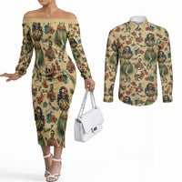 Hawaii Halloween Couples Matching Off The Shoulder Long Sleeve Dress and Long Sleeve Button Shirt Spooky Tropical Hula Zombie