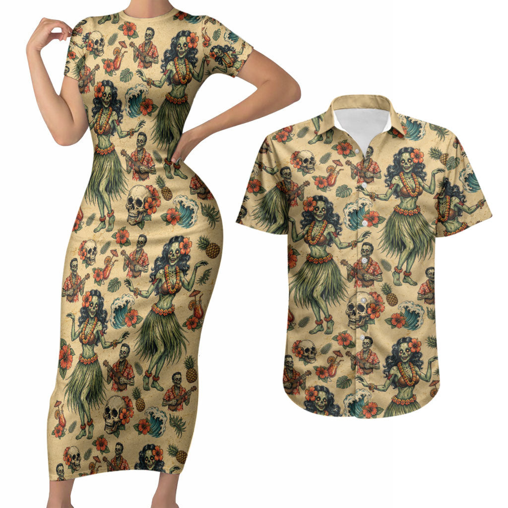 Hawaii Halloween Couples Matching Short Sleeve Bodycon Dress and Hawaiian Shirt Spooky Tropical Hula Zombie