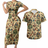 Hawaii Halloween Couples Matching Short Sleeve Bodycon Dress and Hawaiian Shirt Spooky Tropical Hula Zombie