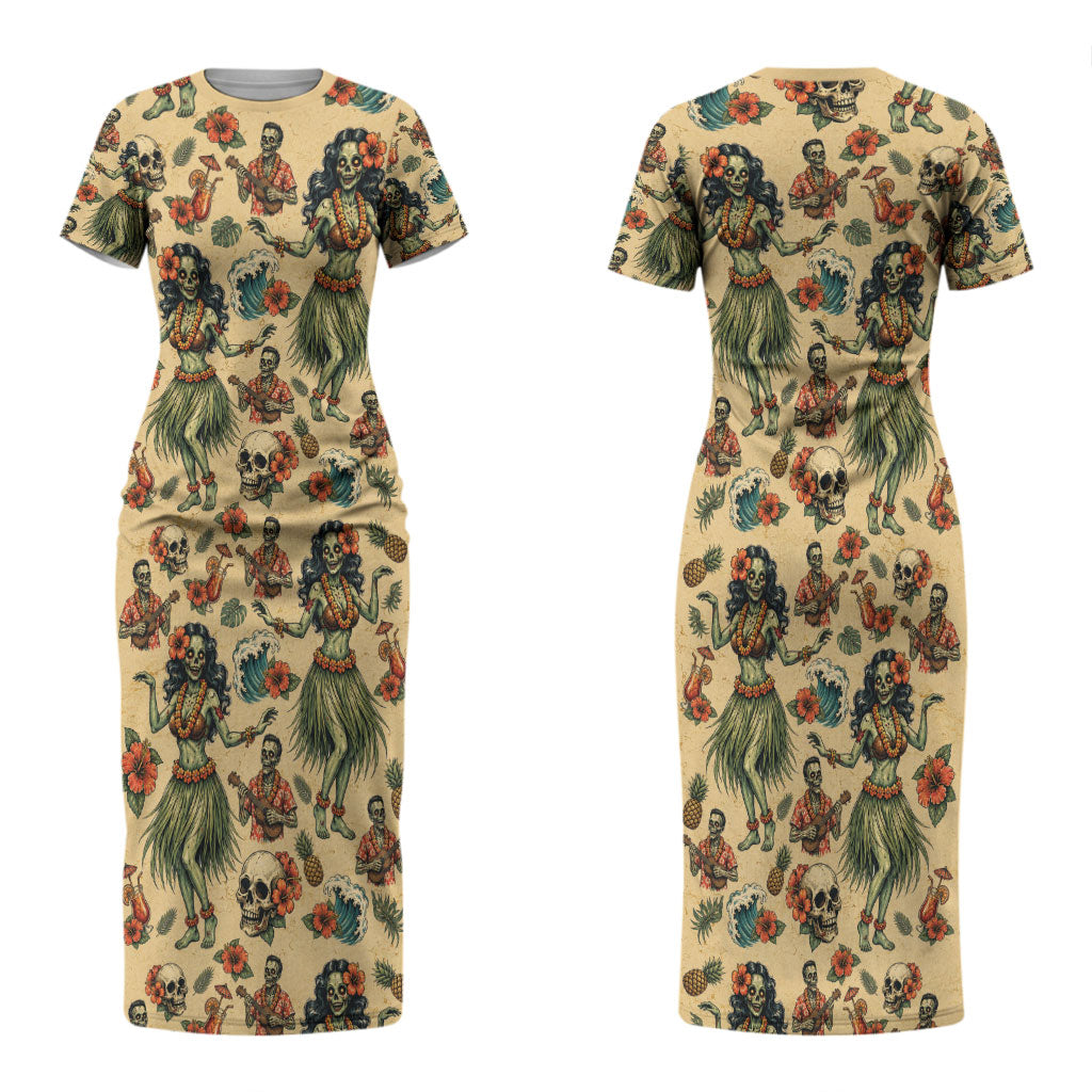 Hawaii Halloween Couples Matching Short Sleeve Bodycon Dress and Hawaiian Shirt Spooky Tropical Hula Zombie