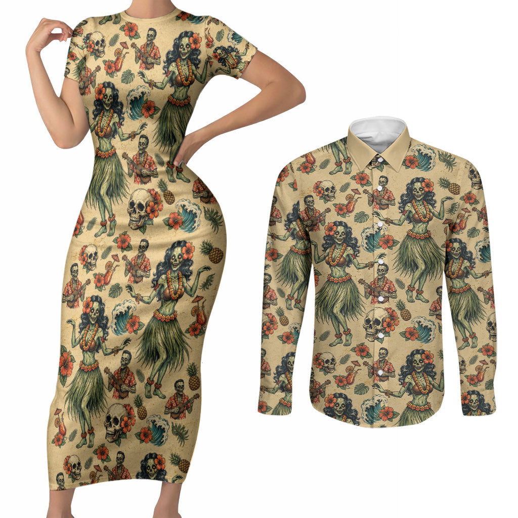Hawaii Halloween Couples Matching Short Sleeve Bodycon Dress and Long Sleeve Button Shirt Spooky Tropical Hula Zombie