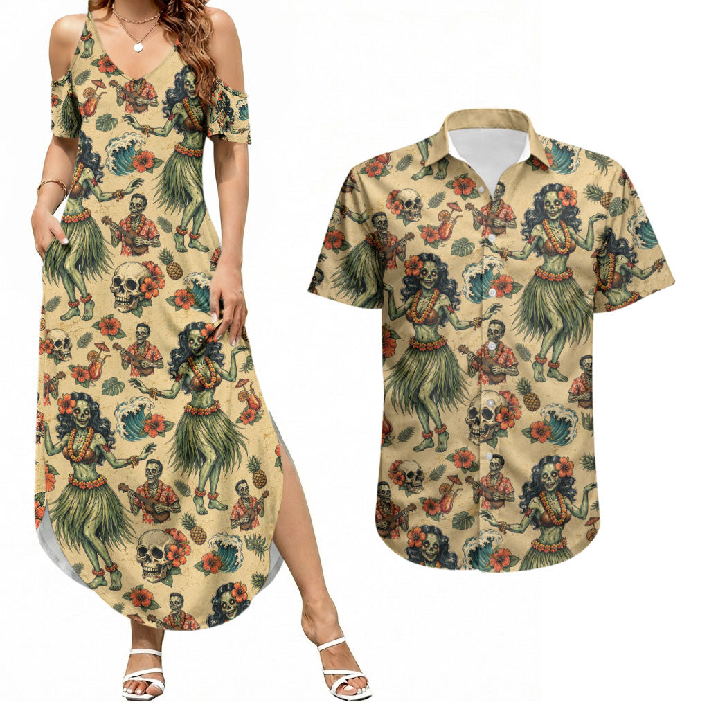 Hawaii Halloween Couples Matching Summer Maxi Dress and Hawaiian Shirt Spooky Tropical Hula Zombie