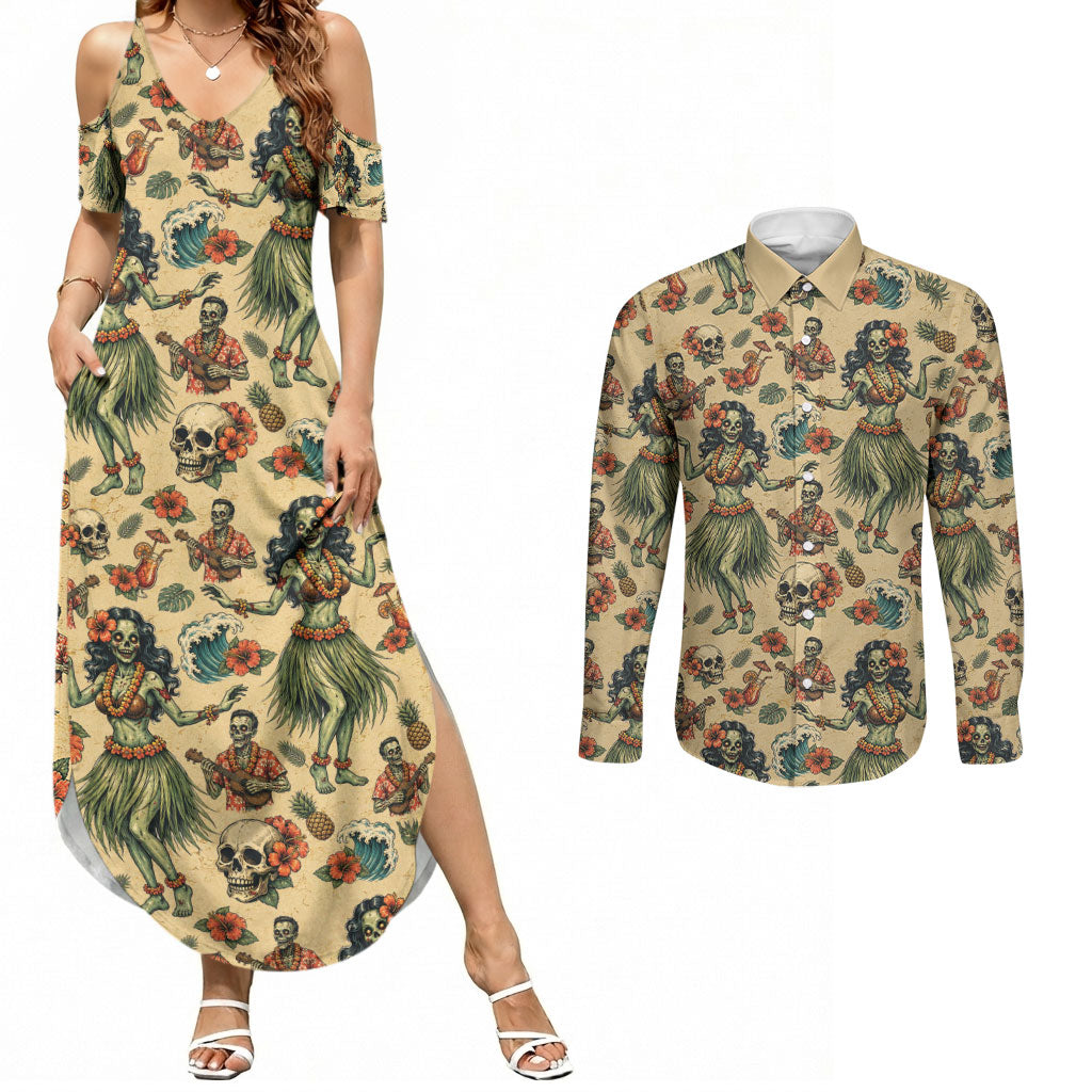 Hawaii Halloween Couples Matching Summer Maxi Dress and Long Sleeve Button Shirt Spooky Tropical Hula Zombie