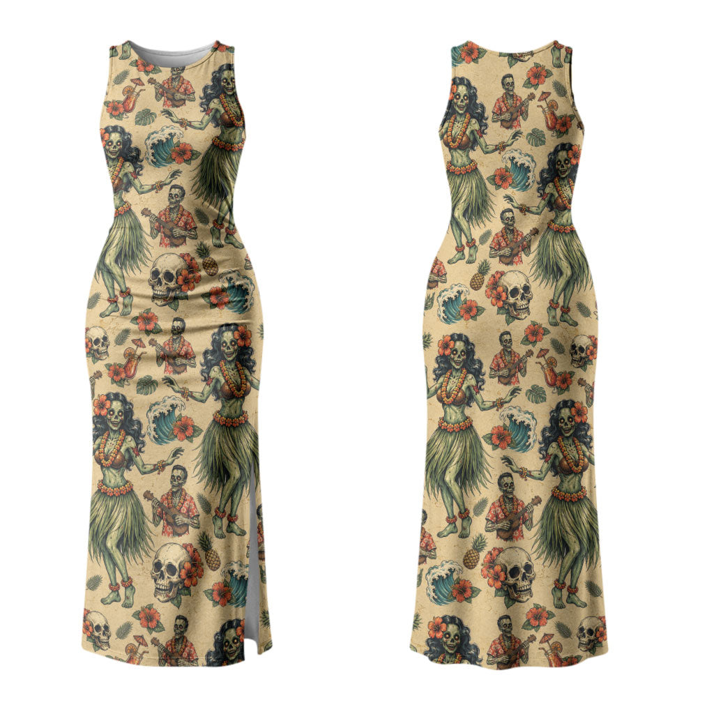 Hawaii Halloween Couples Matching Tank Maxi Dress and Long Sleeve Button Shirt Spooky Tropical Hula Zombie