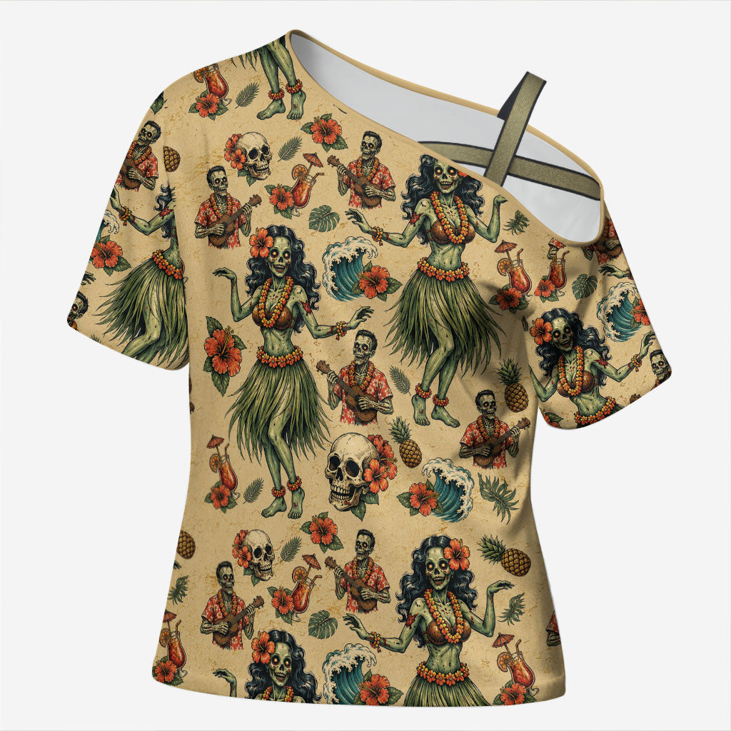 Hawaii Halloween Cross Shoulder Shirt Spooky Tropical Hula Zombie