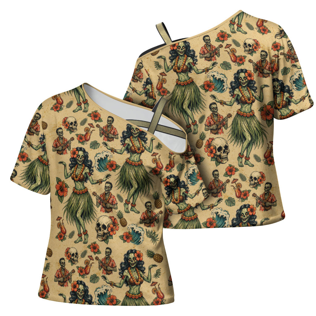 Hawaii Halloween Cross Shoulder Shirt Spooky Tropical Hula Zombie