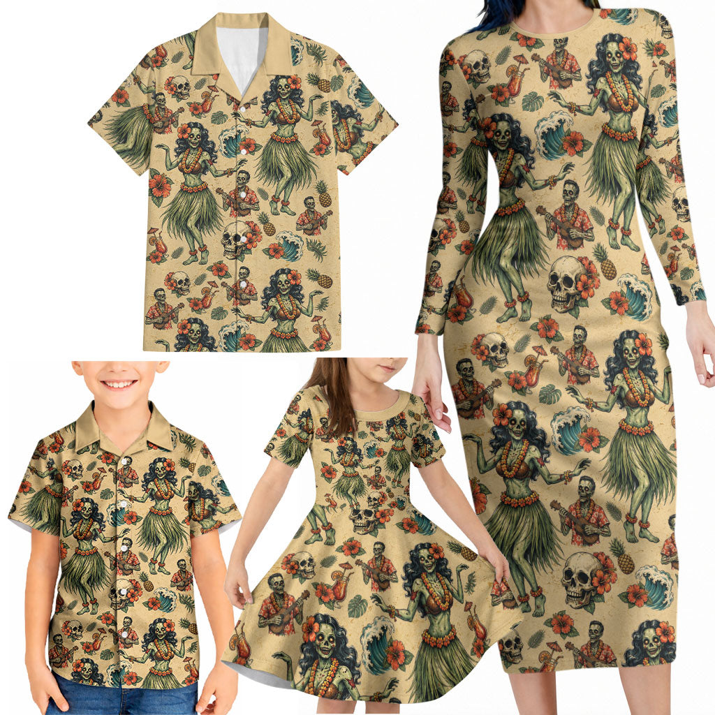 Hawaii Halloween Family Matching Long Sleeve Bodycon Dress and Hawaiian Shirt Spooky Tropical Hula Zombie