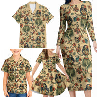 Hawaii Halloween Family Matching Long Sleeve Bodycon Dress and Hawaiian Shirt Spooky Tropical Hula Zombie