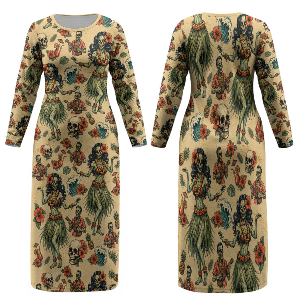 Hawaii Halloween Family Matching Long Sleeve Bodycon Dress and Hawaiian Shirt Spooky Tropical Hula Zombie