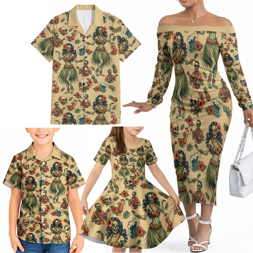 Hawaii Halloween Family Matching Off The Shoulder Long Sleeve Dress and Hawaiian Shirt Spooky Tropical Hula Zombie
