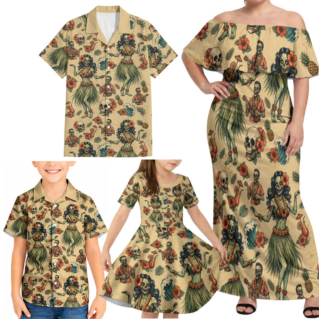 Hawaii Halloween Family Matching Off Shoulder Maxi Dress and Hawaiian Shirt Spooky Tropical Hula Zombie