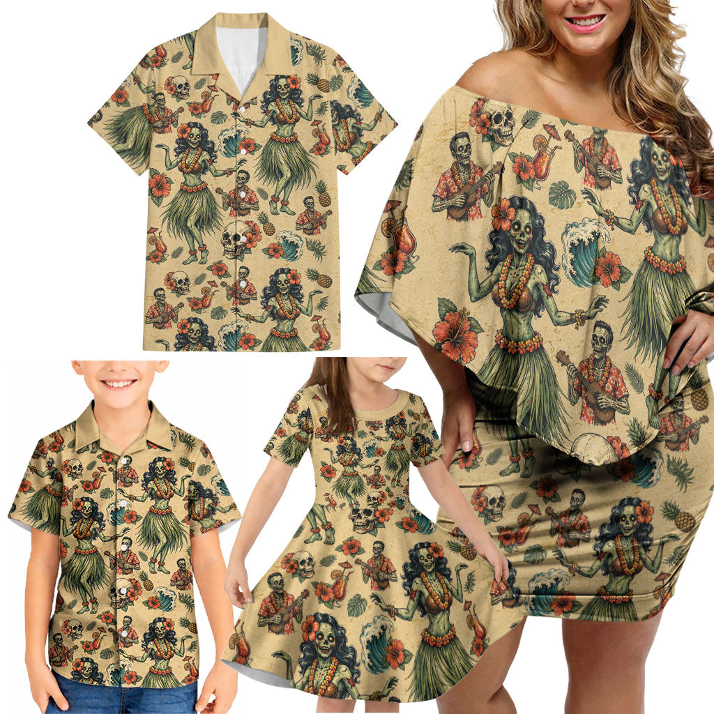 Hawaii Halloween Family Matching Off Shoulder Short Dress and Hawaiian Shirt Spooky Tropical Hula Zombie