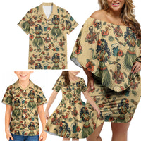 Hawaii Halloween Family Matching Off Shoulder Short Dress and Hawaiian Shirt Spooky Tropical Hula Zombie