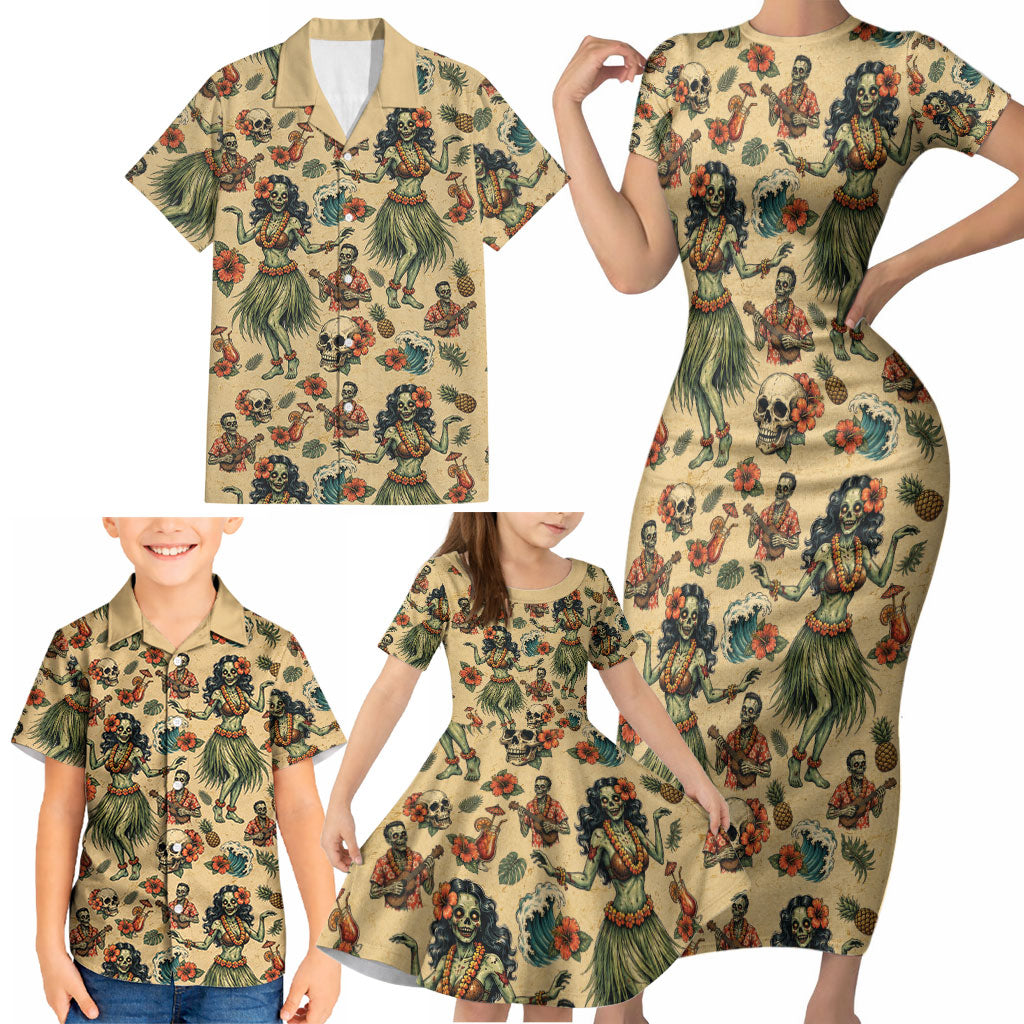 Hawaii Halloween Family Matching Short Sleeve Bodycon Dress and Hawaiian Shirt Spooky Tropical Hula Zombie