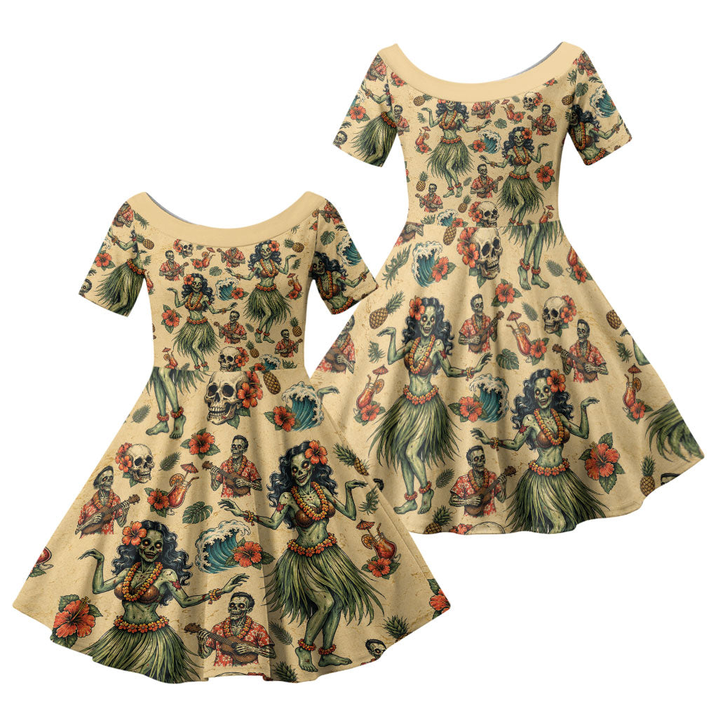 Hawaii Halloween Family Matching Short Sleeve Bodycon Dress and Hawaiian Shirt Spooky Tropical Hula Zombie