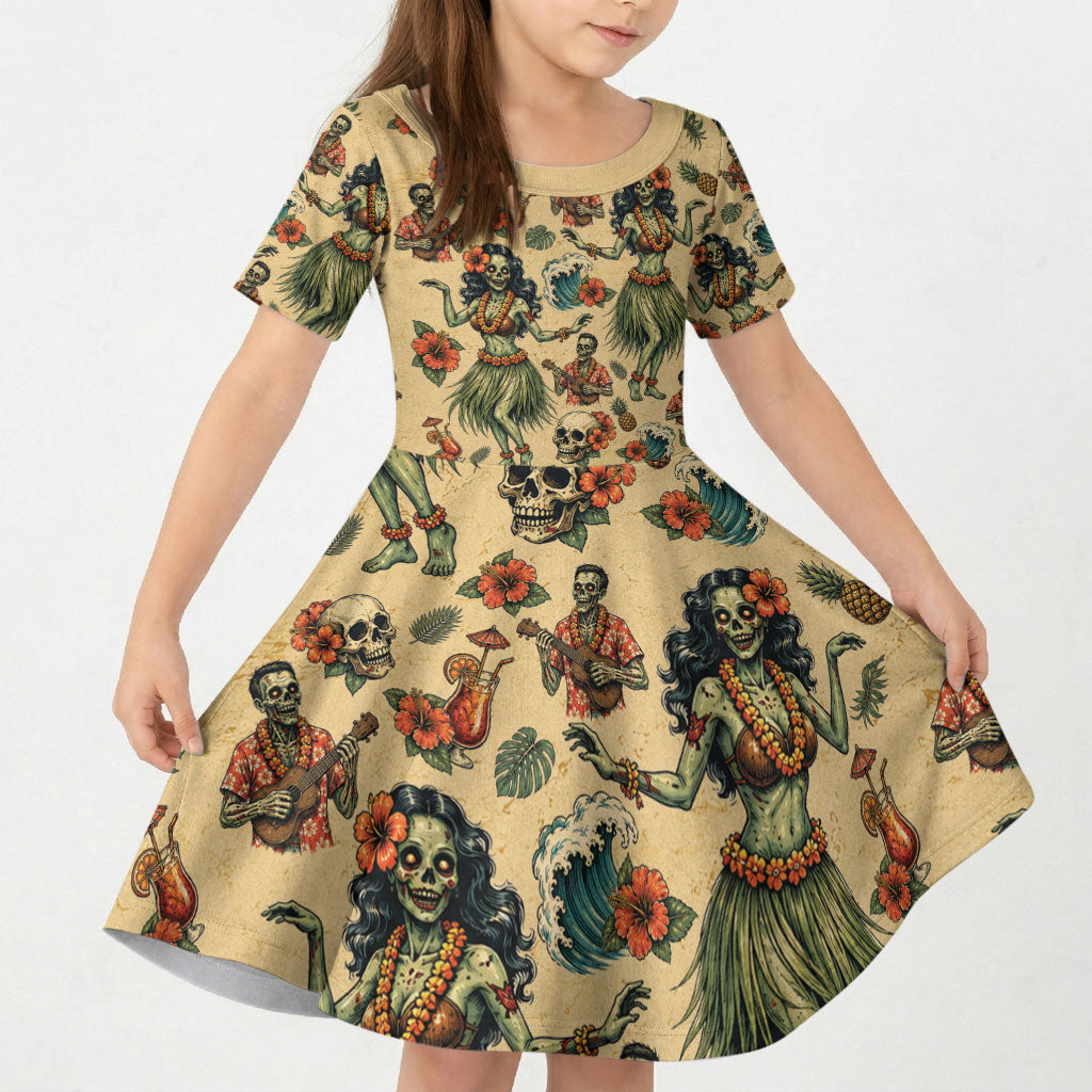 Hawaii Halloween Kid Short Sleeve Dress Spooky Tropical Hula Zombie