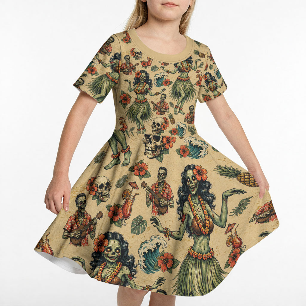 Hawaii Halloween Kid Short Sleeve Dress Spooky Tropical Hula Zombie